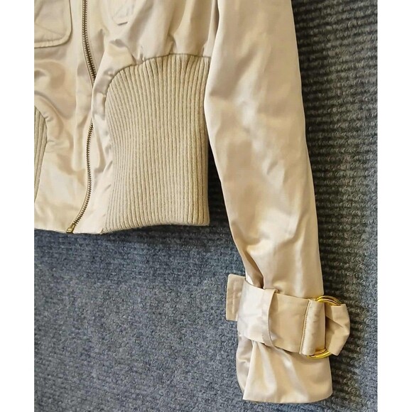 Bebe Vintage Y2K Cropped Moto Bomber Jacket Size M RARE Tan Beige Gold 00s Zip - Picture 7 of 9